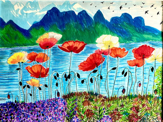 POPPIES BY WATER PRINT